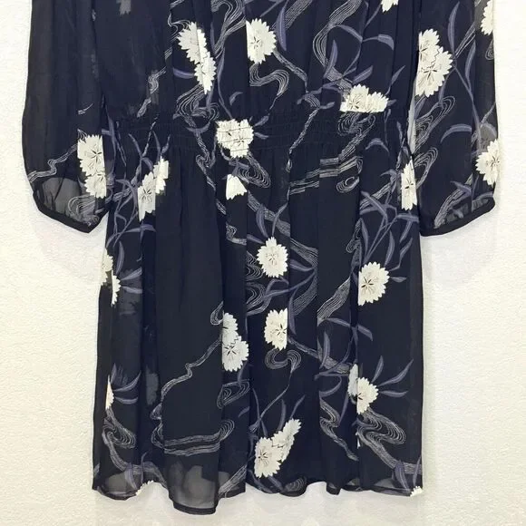 Club Monaco Roanna Dress Womens 4 Black Floral Silk Long Sleeve Mini Boho Chic - Picture 12 of 14